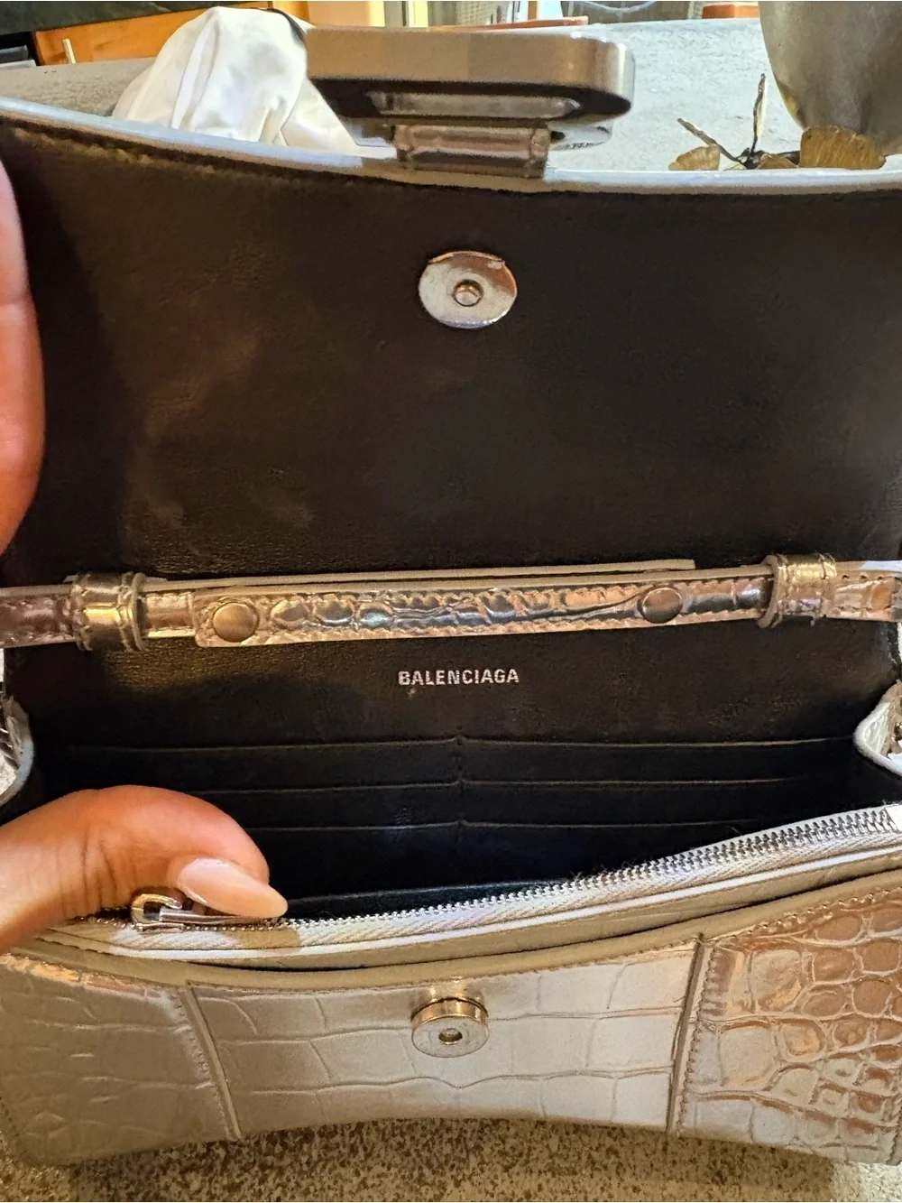 Balenciaga Metallic Silver Croc-Embossed B-Buckle Wallet